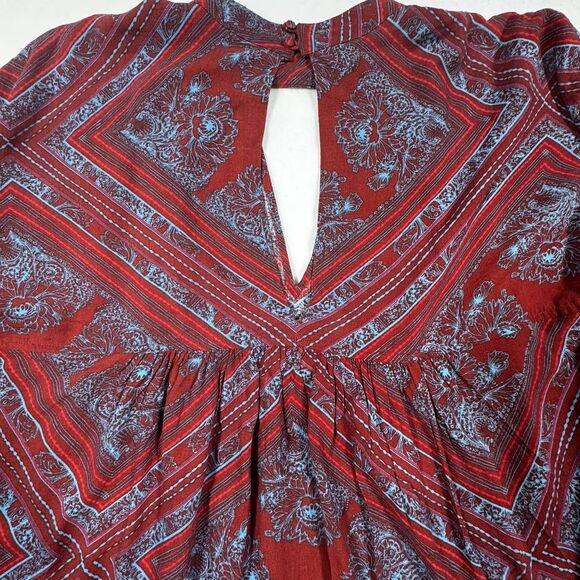 Free People Walking On A Dream Tunic Top Women's L Red Blue Keyhole Boho Flowy - Picture 9 of 11